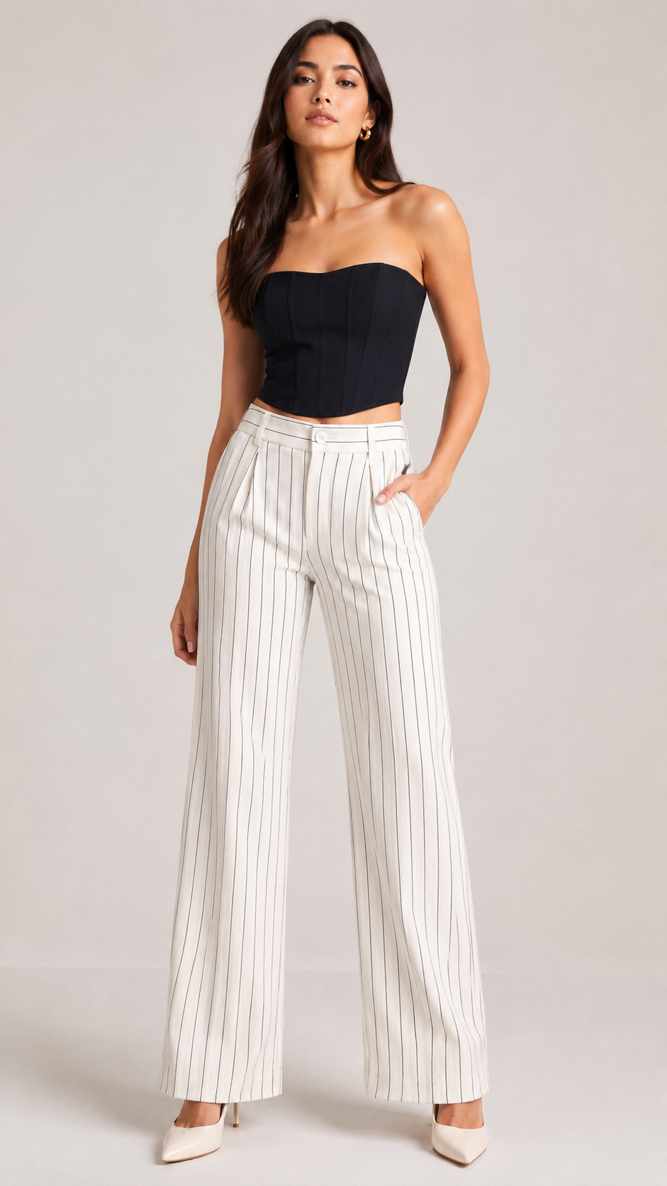 White Pinstripe High-Waist Wide-Leg Trousers for Women – Beyond Formals