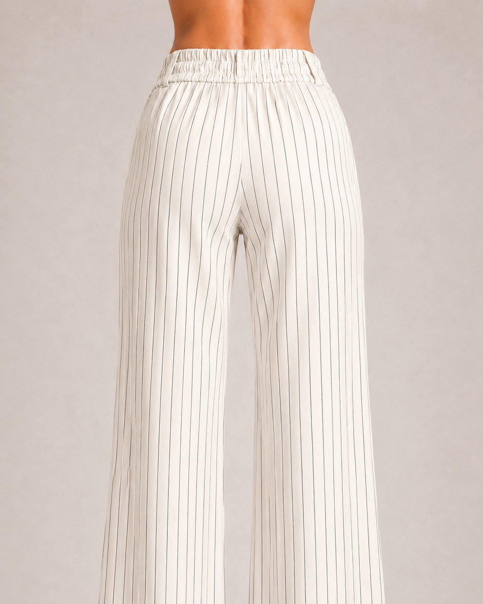 White Pinstripe High-Waist Wide-Leg Trousers for Women – View 3