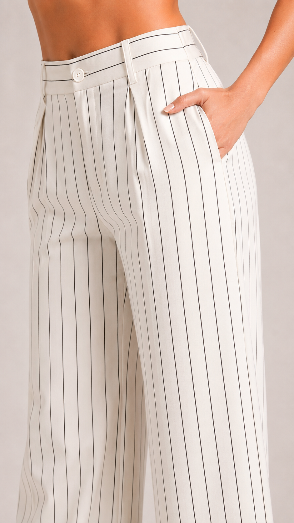 White Pinstripe High-Waist Wide-Leg Trousers for Women – View 4