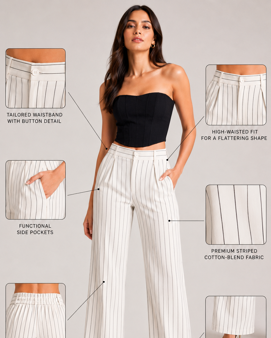 White Pinstripe High-Waist Wide-Leg Trousers for Women – View 5