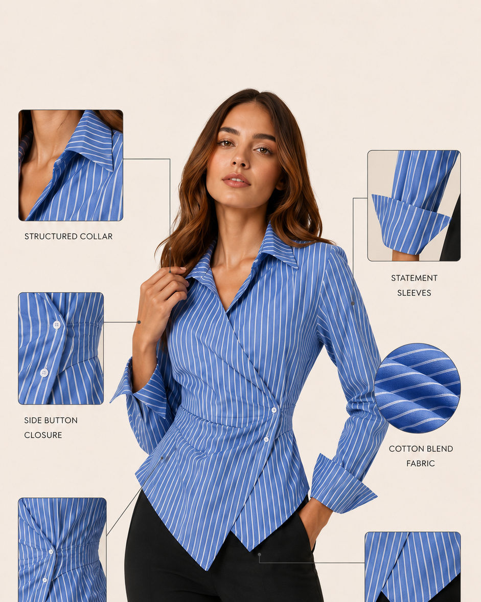 Blue Pinstripe Wrap Shirt for Women Beyond Formals