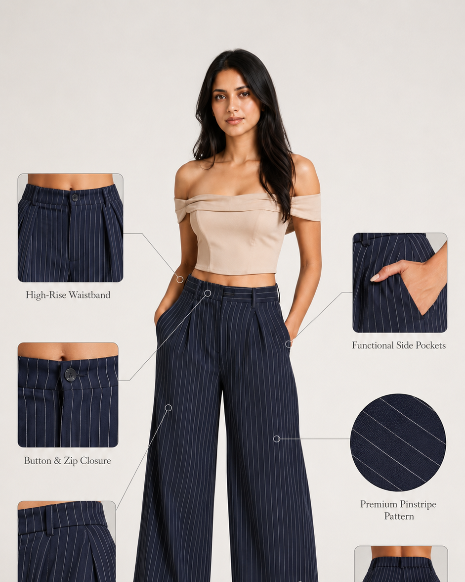 Navy Pinstripe High-Waist Wide-Leg Trousers for Women – View 5