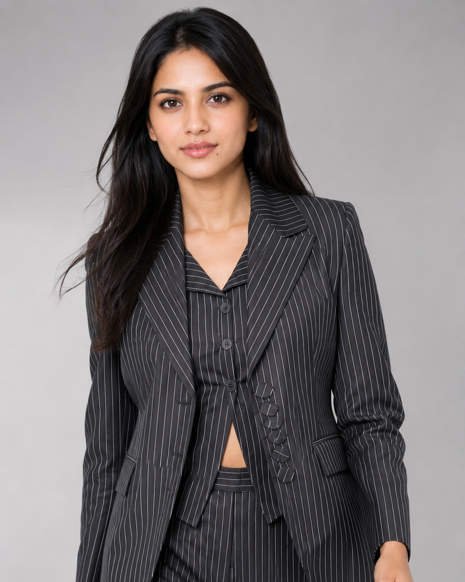 Black Striped 3-Piece Premium Formal Blazer Suit Set With Waistcoat & Pants Beyond Formals