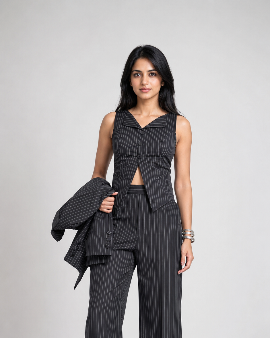 Black Striped 3-Piece Premium Formal Blazer Suit Set With Waistcoat & Pants Beyond Formals