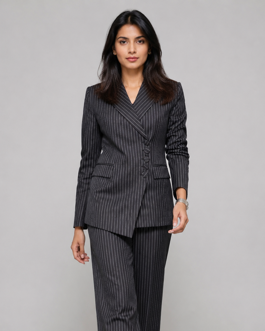 Black Striped 3-Piece Premium Formal Blazer Suit Set With Waistcoat & Pants Beyond Formals