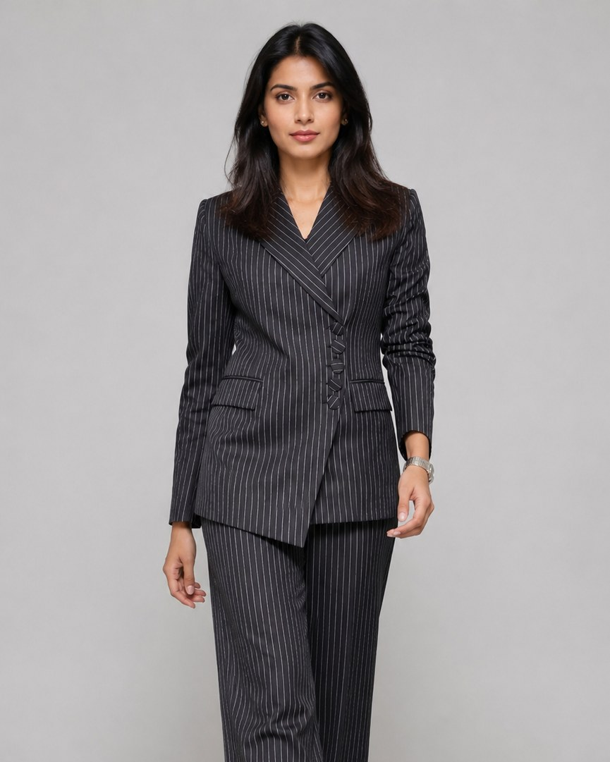 Black pinstripe asymmetric side-button blazer and wide-leg trousers, full length | Beyond Formals