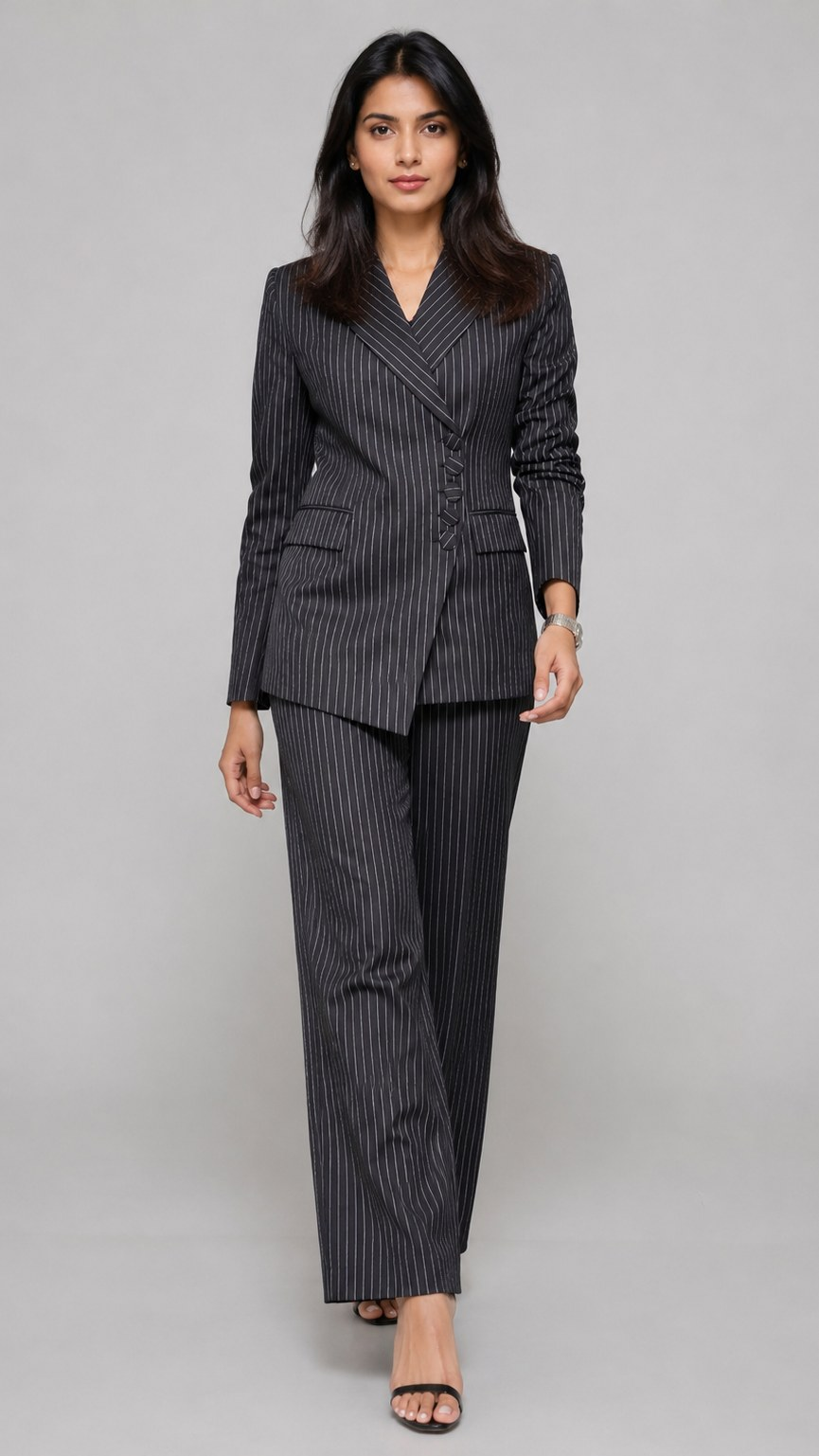 Black pinstripe asymmetric side-button blazer and wide-leg trousers, full length | Beyond Formals