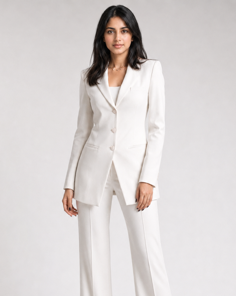 Woman wearing a white suit on a plain background
