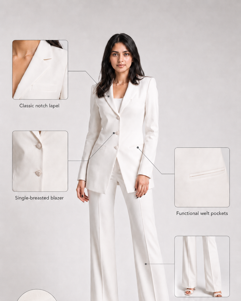 White Longline Blazer & Straight-Fit Trousers Crepe Blend Blazer Suit Set Beyond Formals