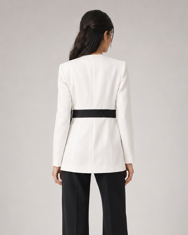 White blazer with black waist sash on model, back view with black trousers | Beyond Formals
