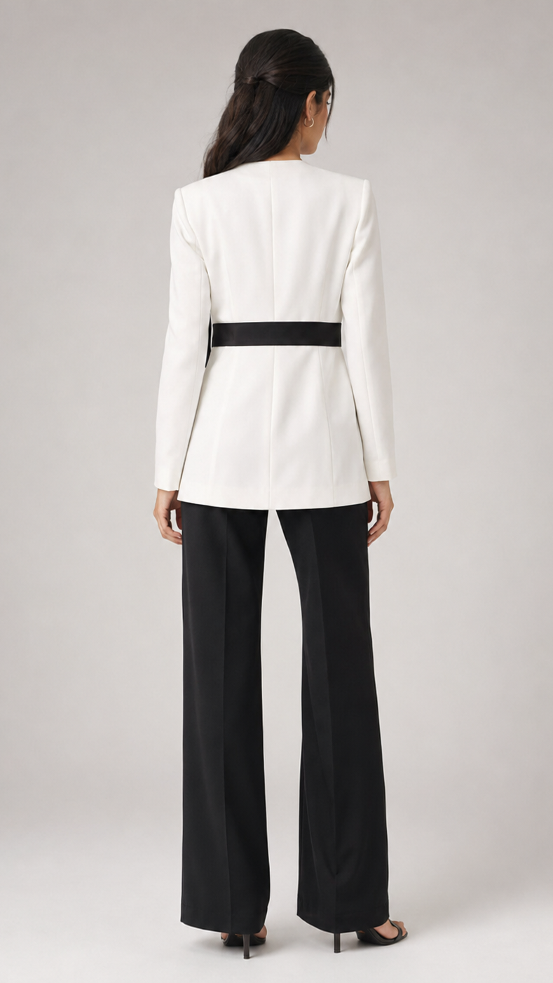 Woman wearing a white blazer with a black belt and black pants on a gray background