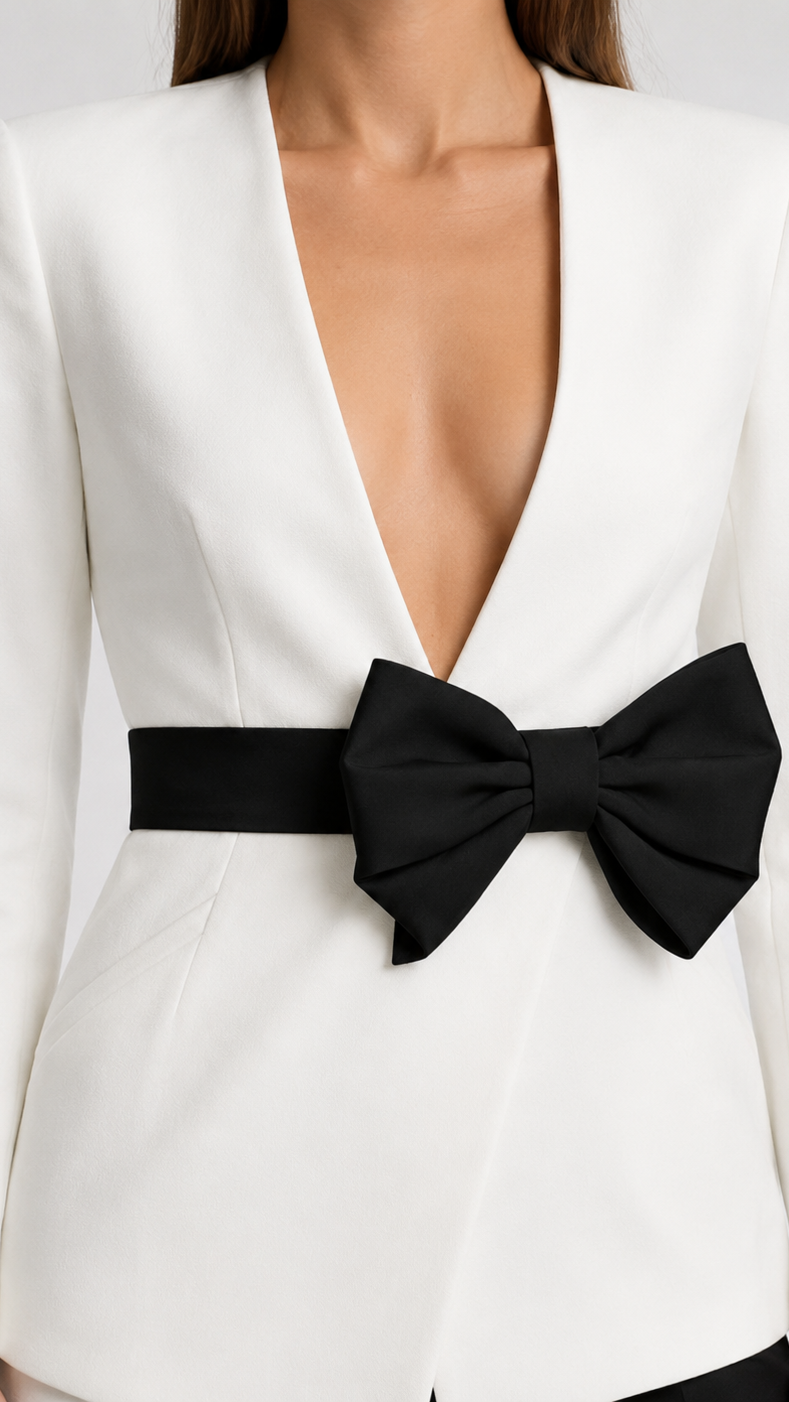 White blazer with a large black bow at the back on a plain background
