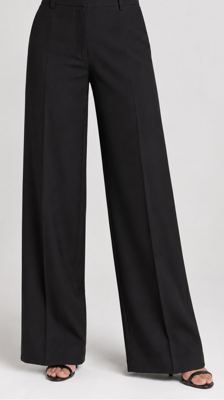 Black wide-leg pants on a white background