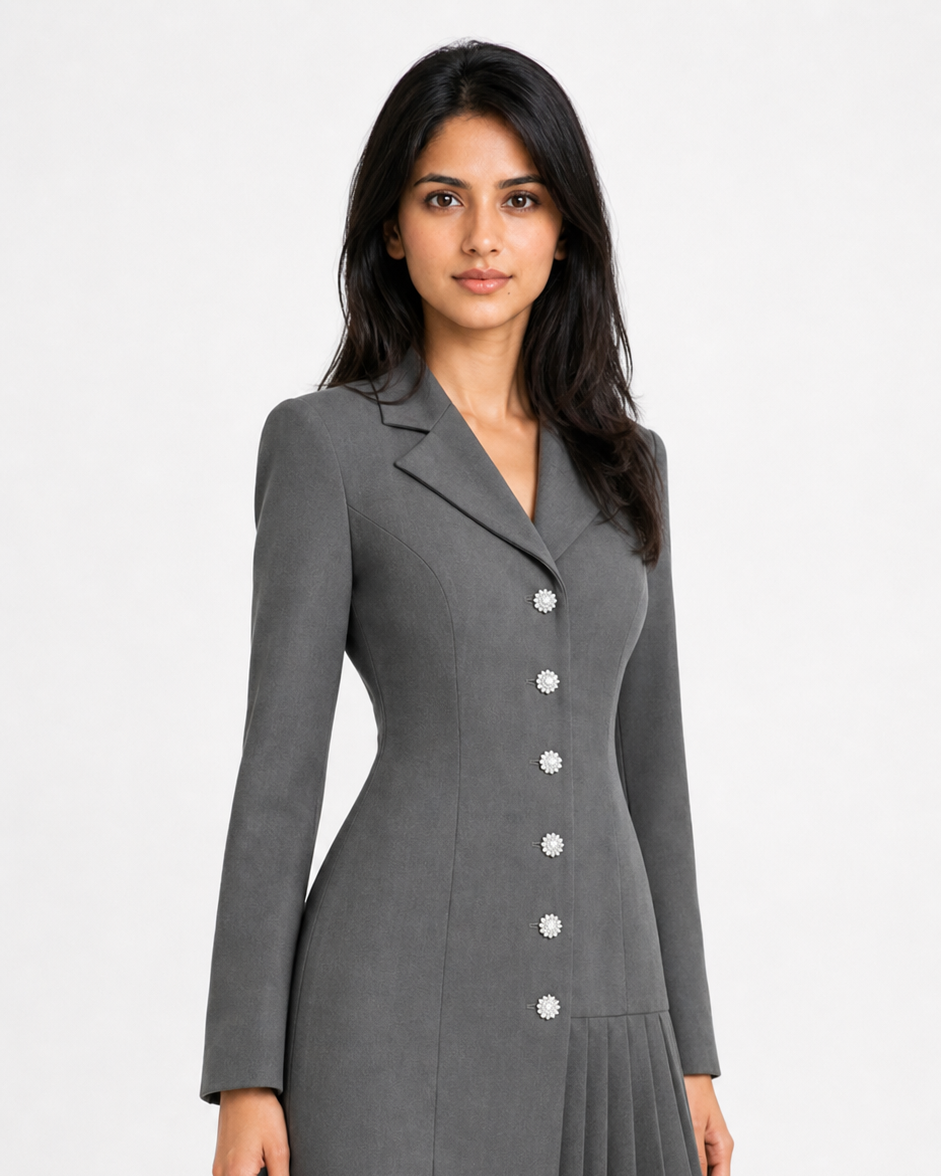 Grey Pleated Blazer Dress Beyond Formals