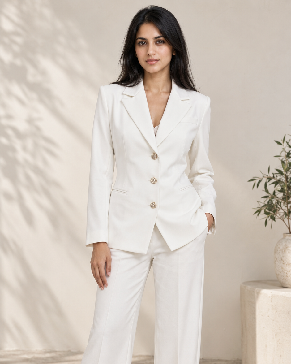 White power suit set with three-button blazer and wide-leg trousers, full front view | Beyond Formals