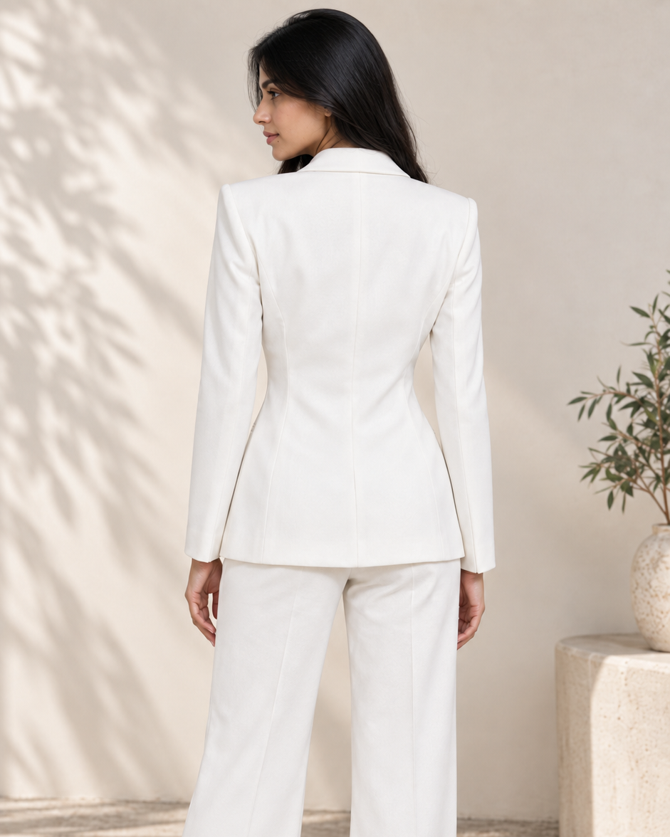 Back view of white power suit blazer and wide-leg trousers showing tailored waist | Beyond Formals