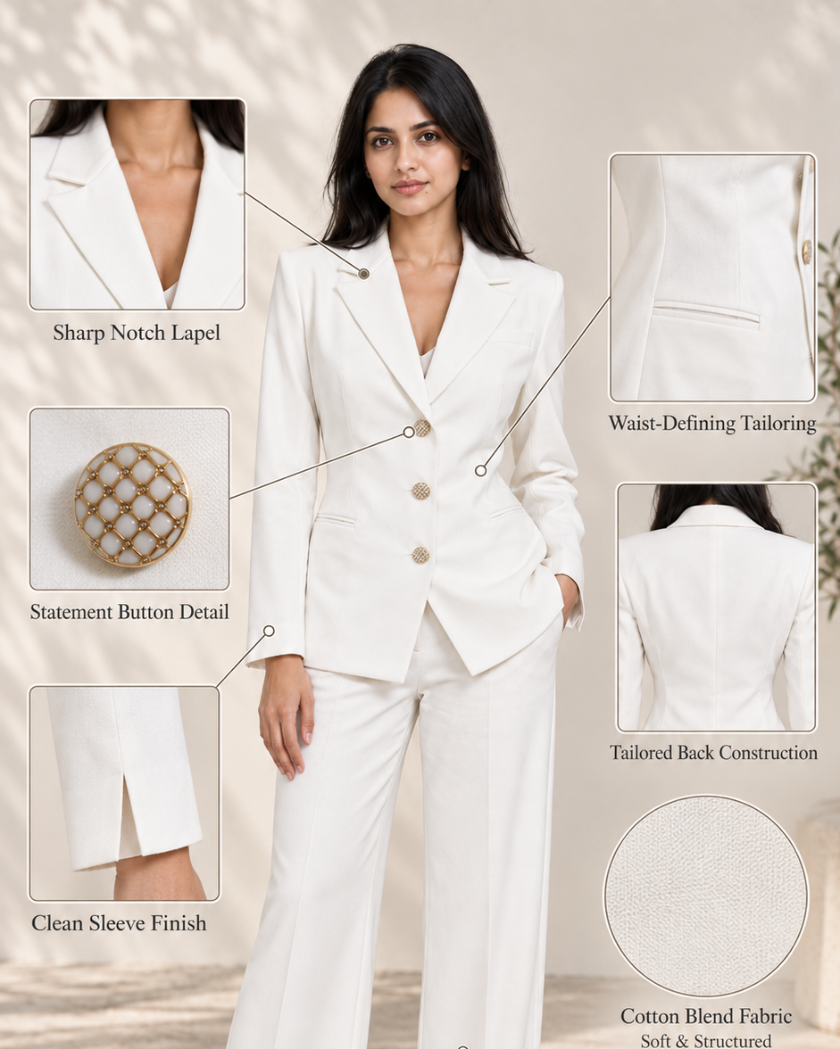 Infographic of white power suit: notch lapel, gold buttons, tailored back, wide straight leg, cotton blend | Beyond Formals