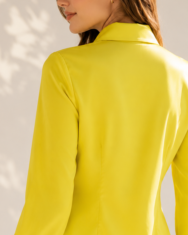 Yellow statement collar shirt, back view showing waist darts and curved hem | Beyond Formals