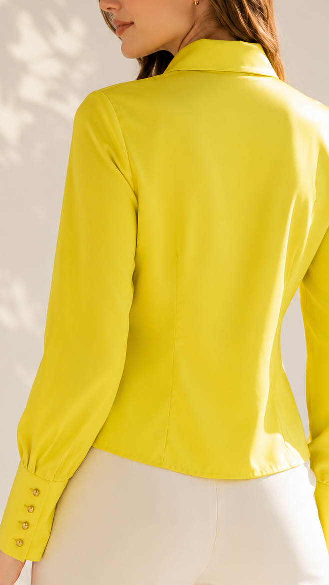 A woman shown from the back wearing a bright yellow long-sleeve collared blouse with button cuffs and white pants, standing against a light neutral wall with soft leaf shadows.