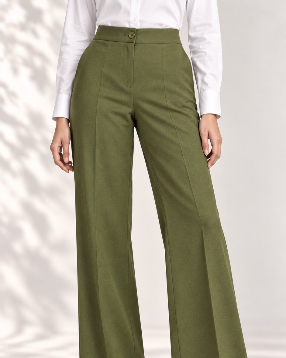 Olive green linen high-waisted wide-leg trousers with white shirt, lower-body close-up | Beyond Formals
