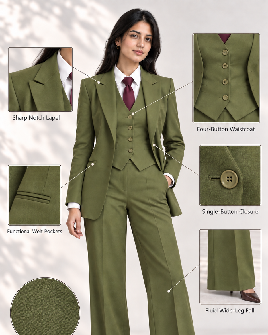 Infographic of olive green linen suit set showing notch lapel, waistcoat, welt pockets and wide-leg fall | Beyond Formals