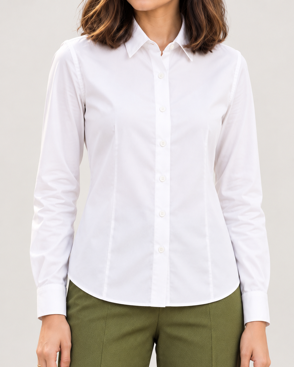 White shirt with classic collar tucked into olive green wide-leg trousers, close-up | Beyond Formals