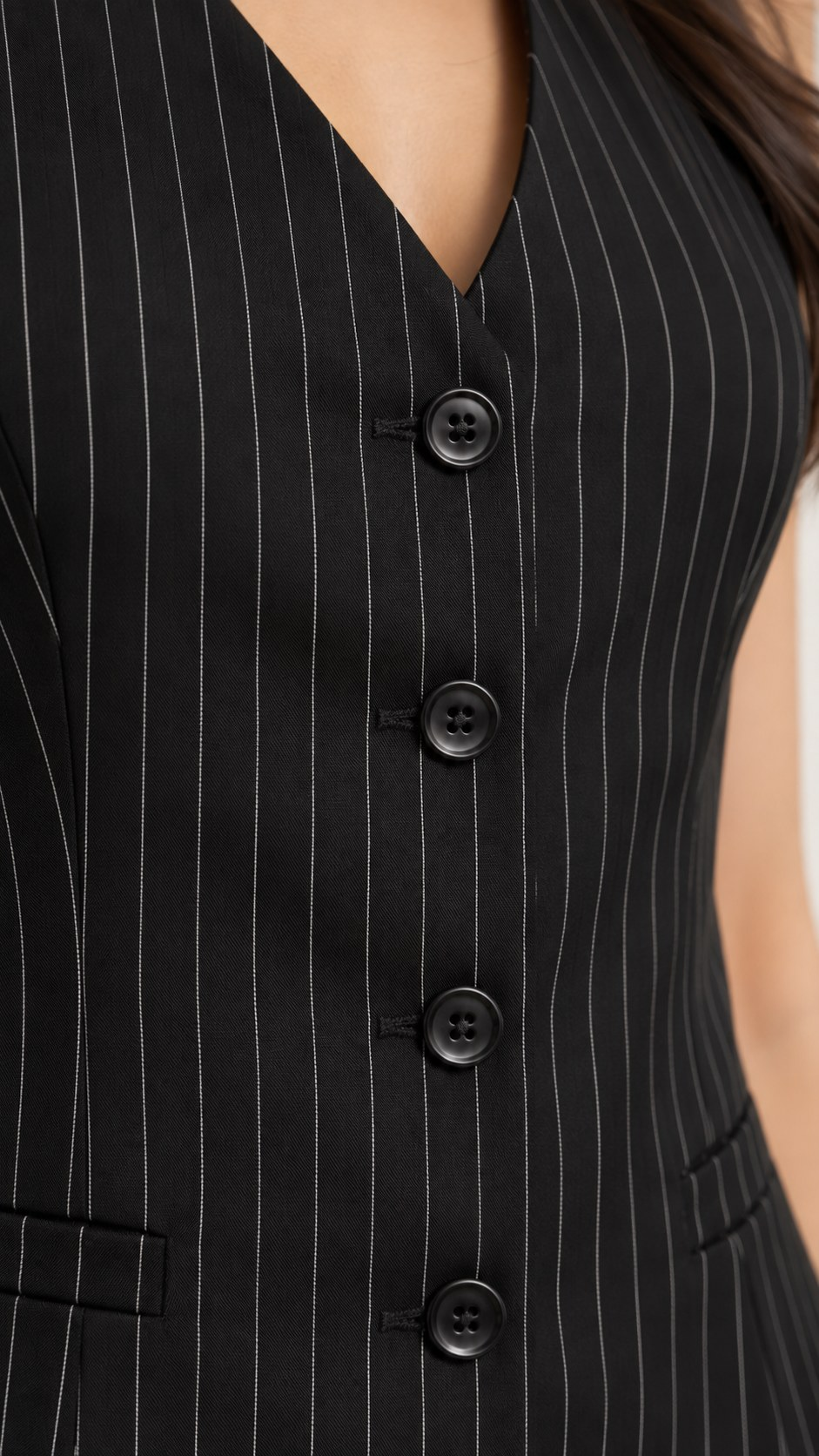 Black pinstripe waistcoat close-up of buttons and pinstripe fabric detail | Beyond Formals
