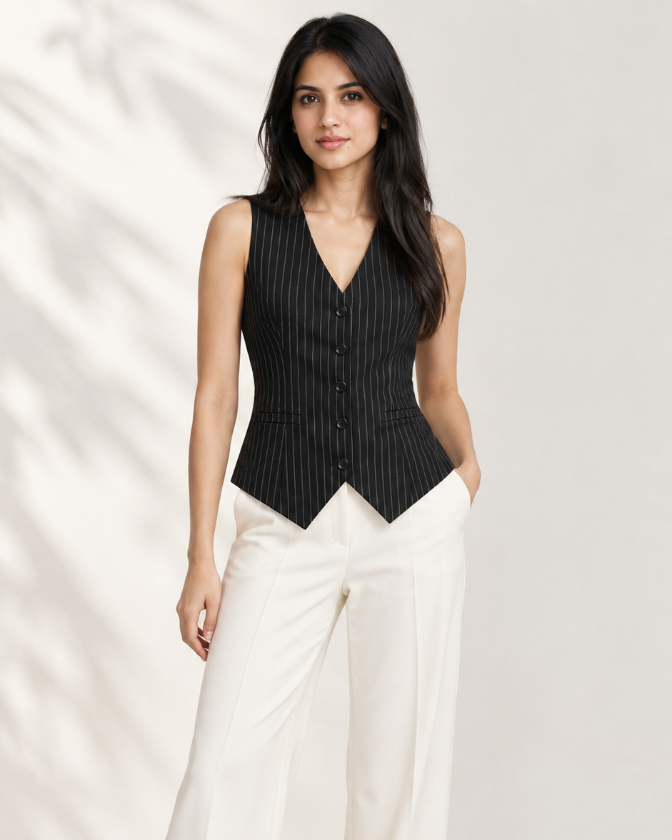 Black pinstripe V-neck waistcoat with white wide-leg trousers, full-length front view | Beyond Formals