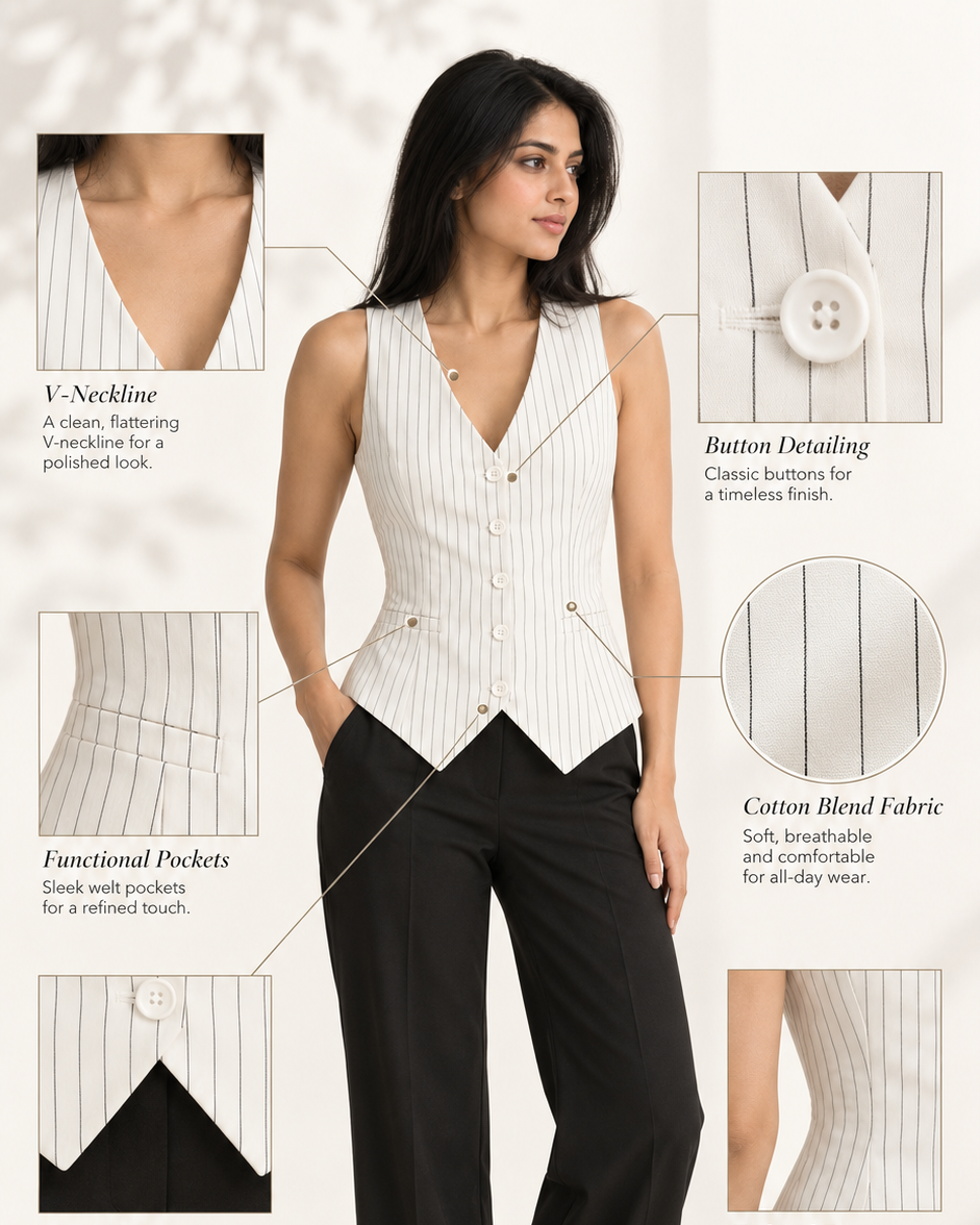 White pinstripe waistcoat infographic: V-neckline, buttons, pockets, pointed hem, tailored fit | Beyond Formals