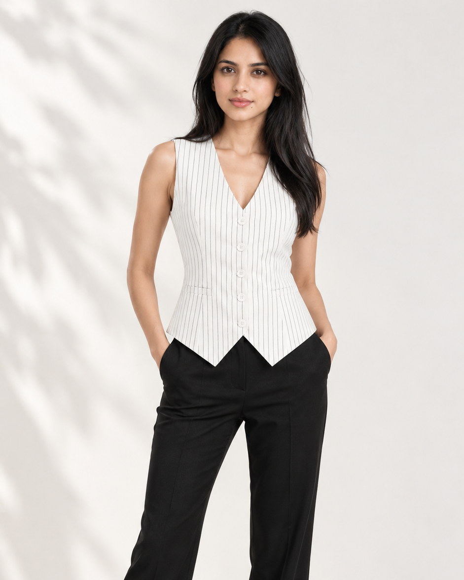White pinstripe V-neck waistcoat with black trousers, full-length front view on model | Beyond Formals