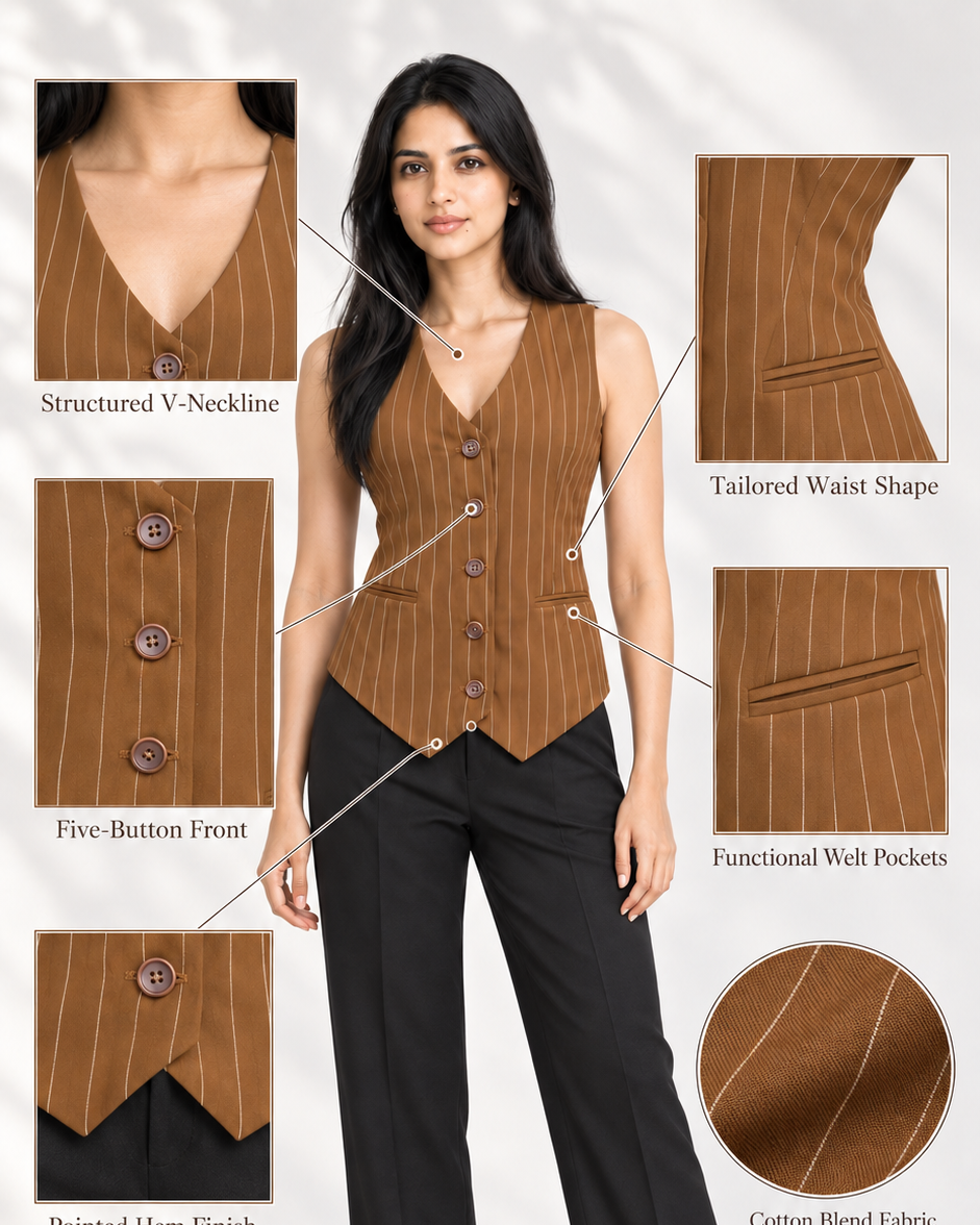 Brown pinstripe waistcoat infographic: V-neckline, five buttons, welt pockets, pointed hem | Beyond Formals