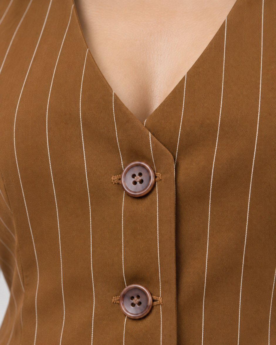 Brown pinstripe waistcoat close-up of buttons and pinstripe fabric detail | Beyond Formals