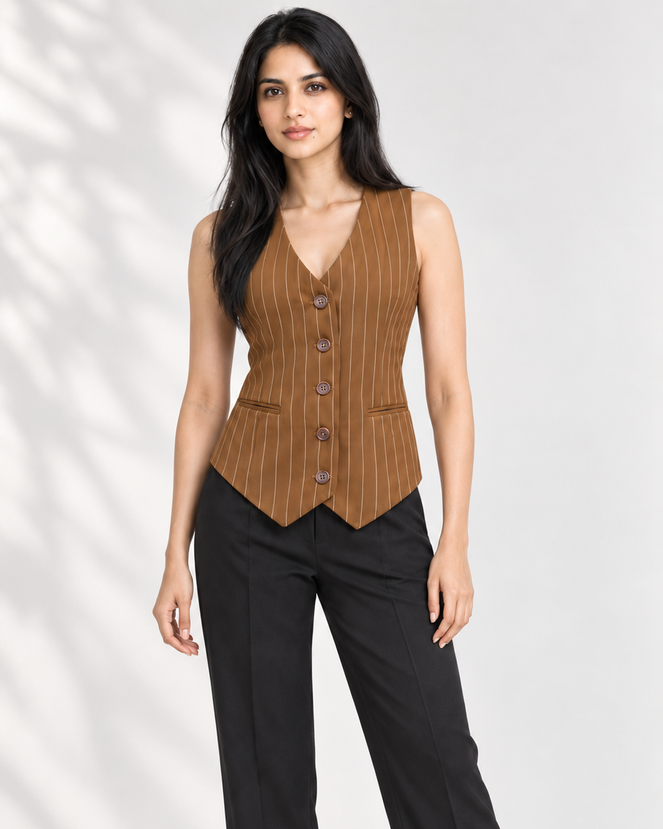 Brown pinstripe V-neck waistcoat with black trousers, full-length front view on model | Beyond Formals