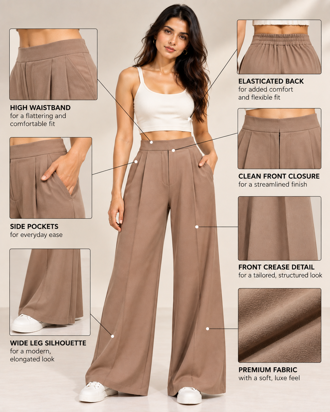 Infographic of beige wide-leg trousers showing waistband, back elastic, pockets, crease and wide leg | Beyond Formals
