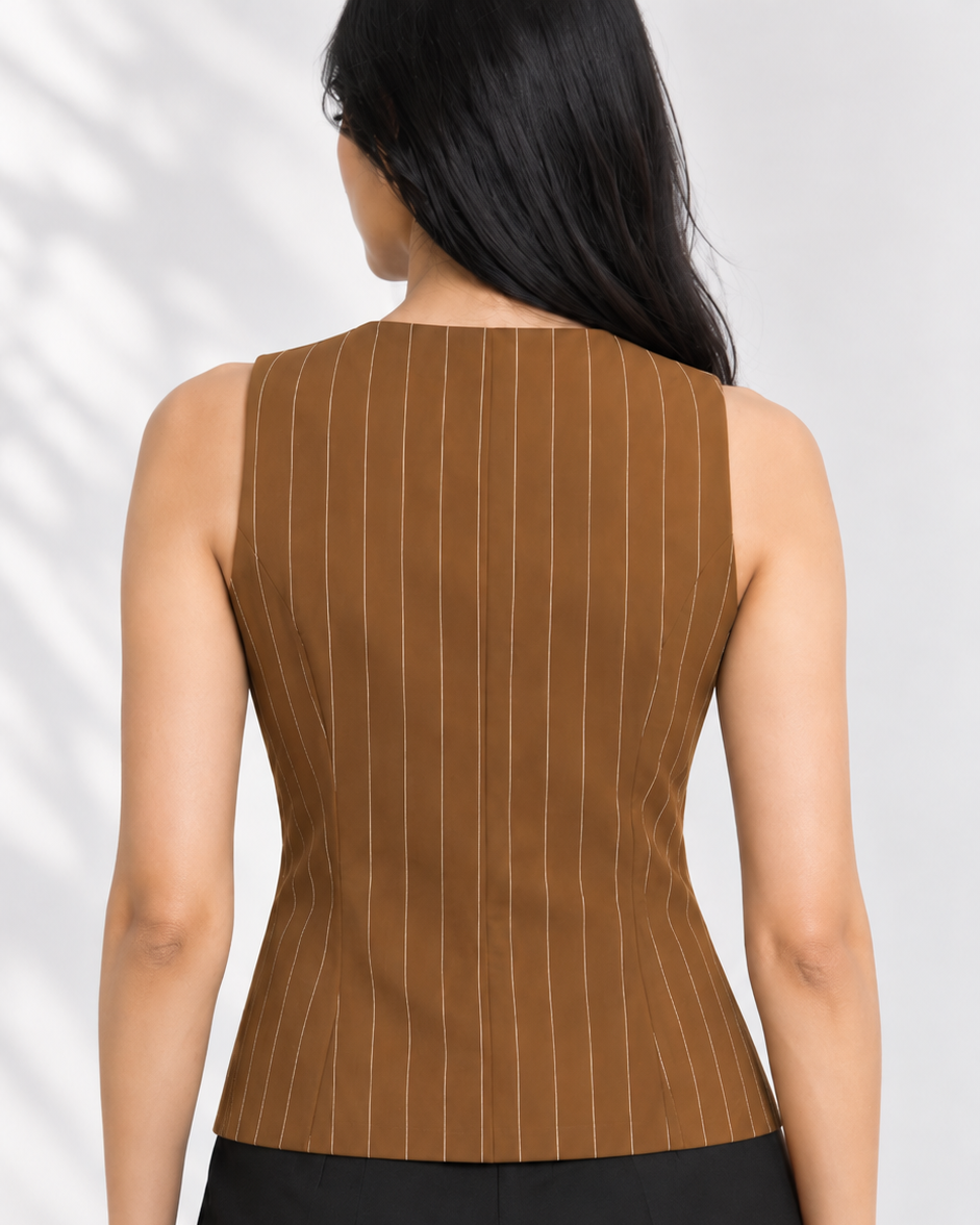 Brown pinstripe waistcoat back view with black trousers | Beyond Formals