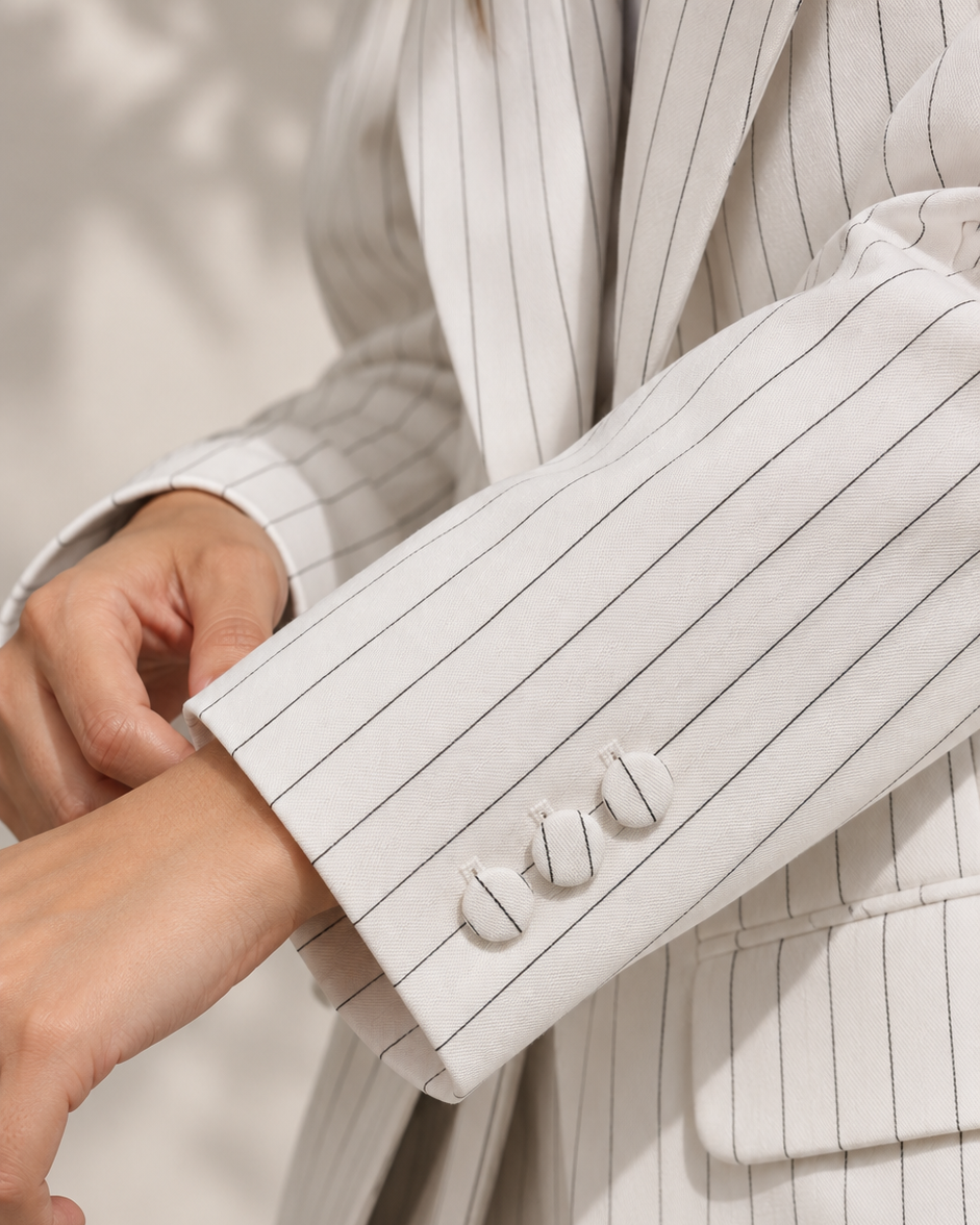 Ivory White Pinstripe blazer – close-up of fabric-covered cuff buttons and flap pocket | Beyond Formals