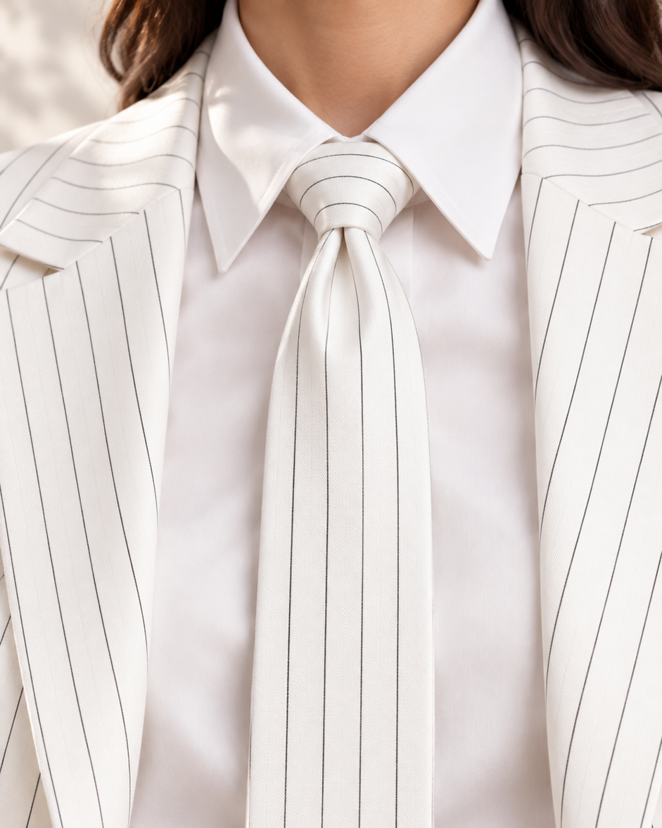 Ivory White Pinstripe Two-Piece Suit Set with Tie – Beyond Formals women's formalwear
