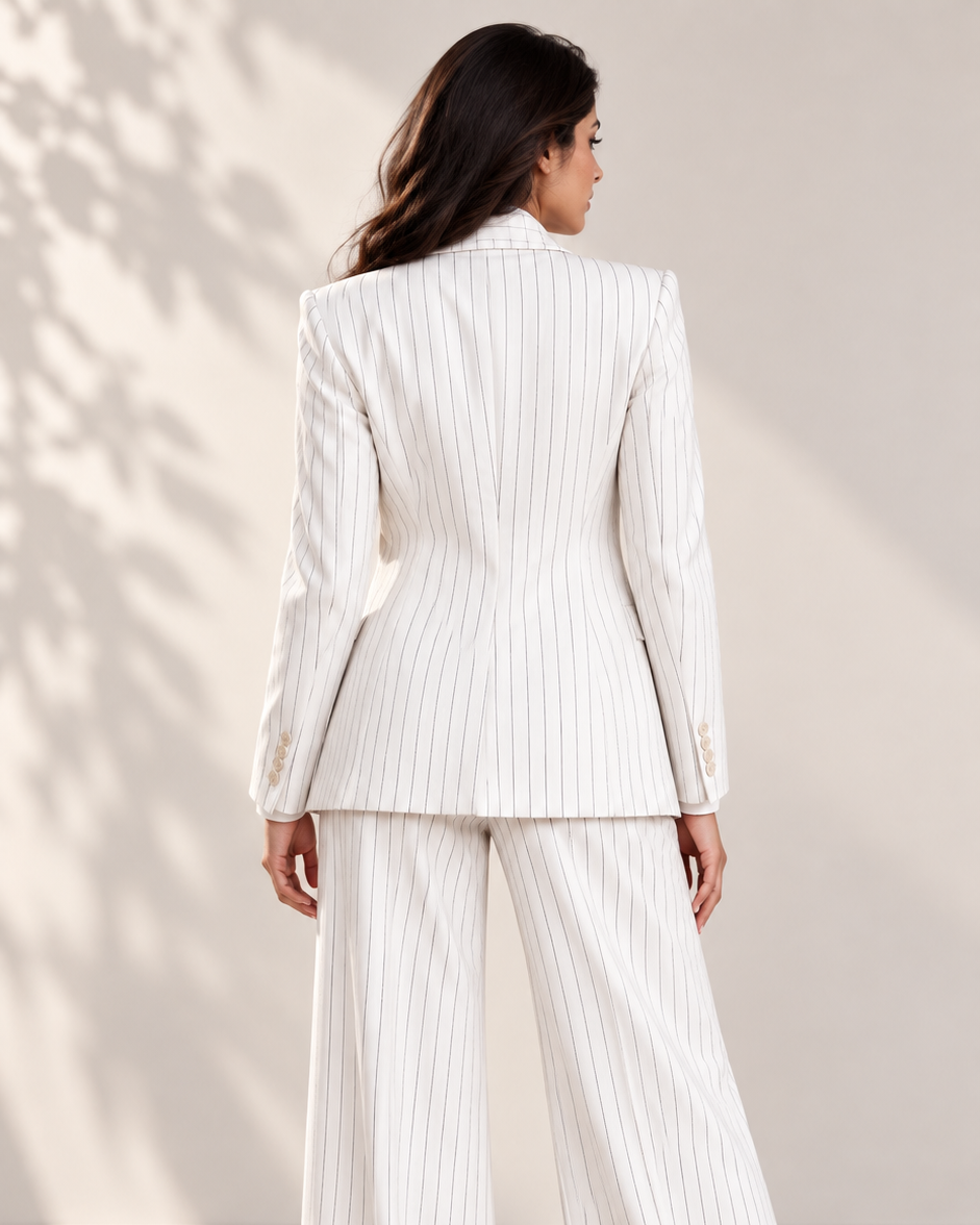 Ivory White Pinstripe Two-Piece Suit Set with Tie – back view, tailored blazer and wide-leg trousers | Beyond Formals