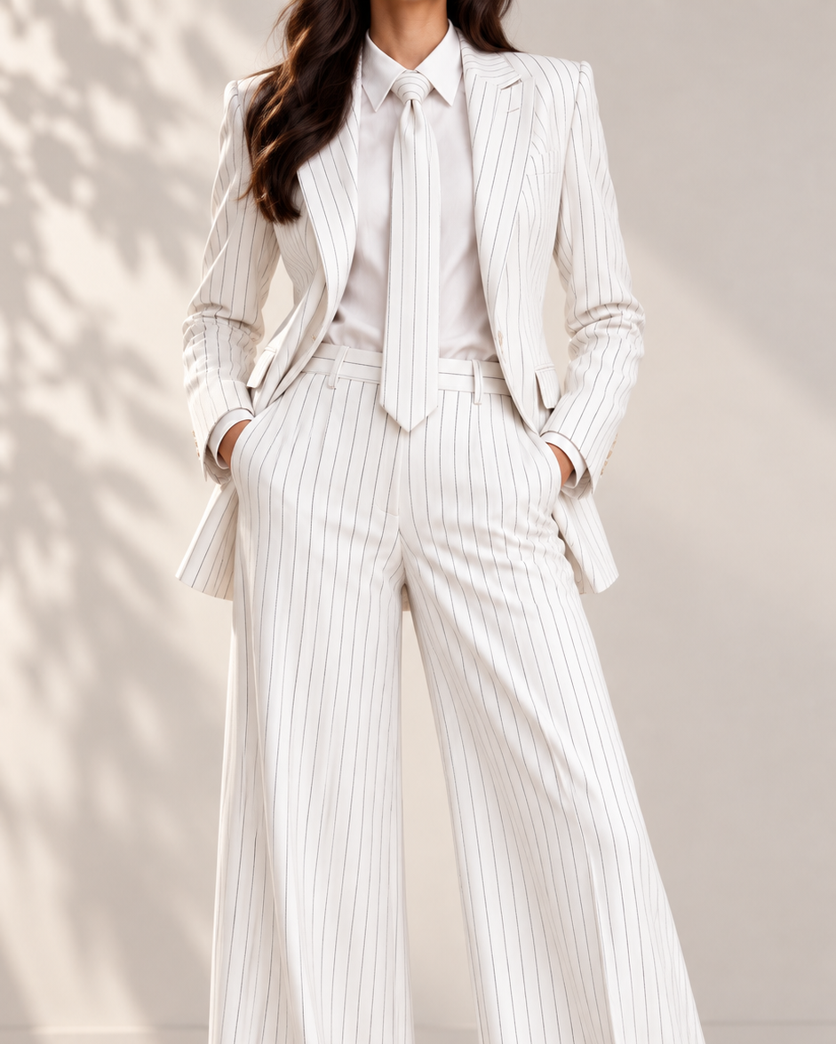 Ivory White Pinstripe Two-Piece Suit Set with Tie – Beyond Formals women's power suit