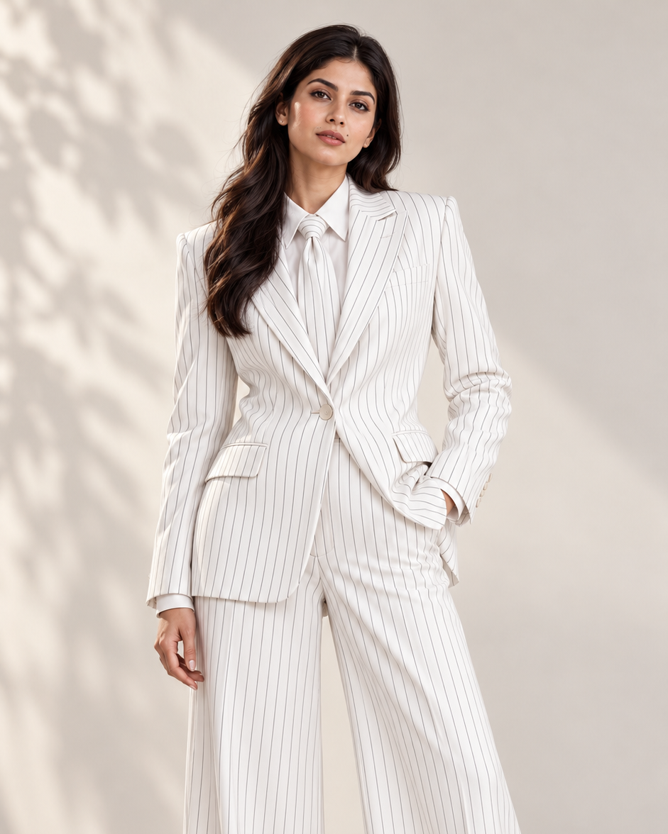 Ivory White Pinstripe Two-Piece Suit Set with Tie – front view, single-button blazer and wide-leg trousers | Beyond Formals