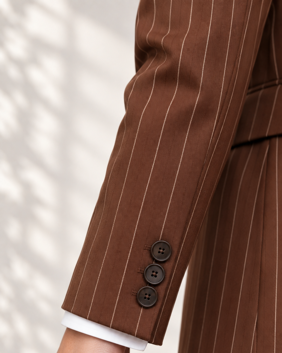 Brown Luxe Pinstripe blazer – close-up of three-button cuff and pinstripe fabric | Beyond Formals