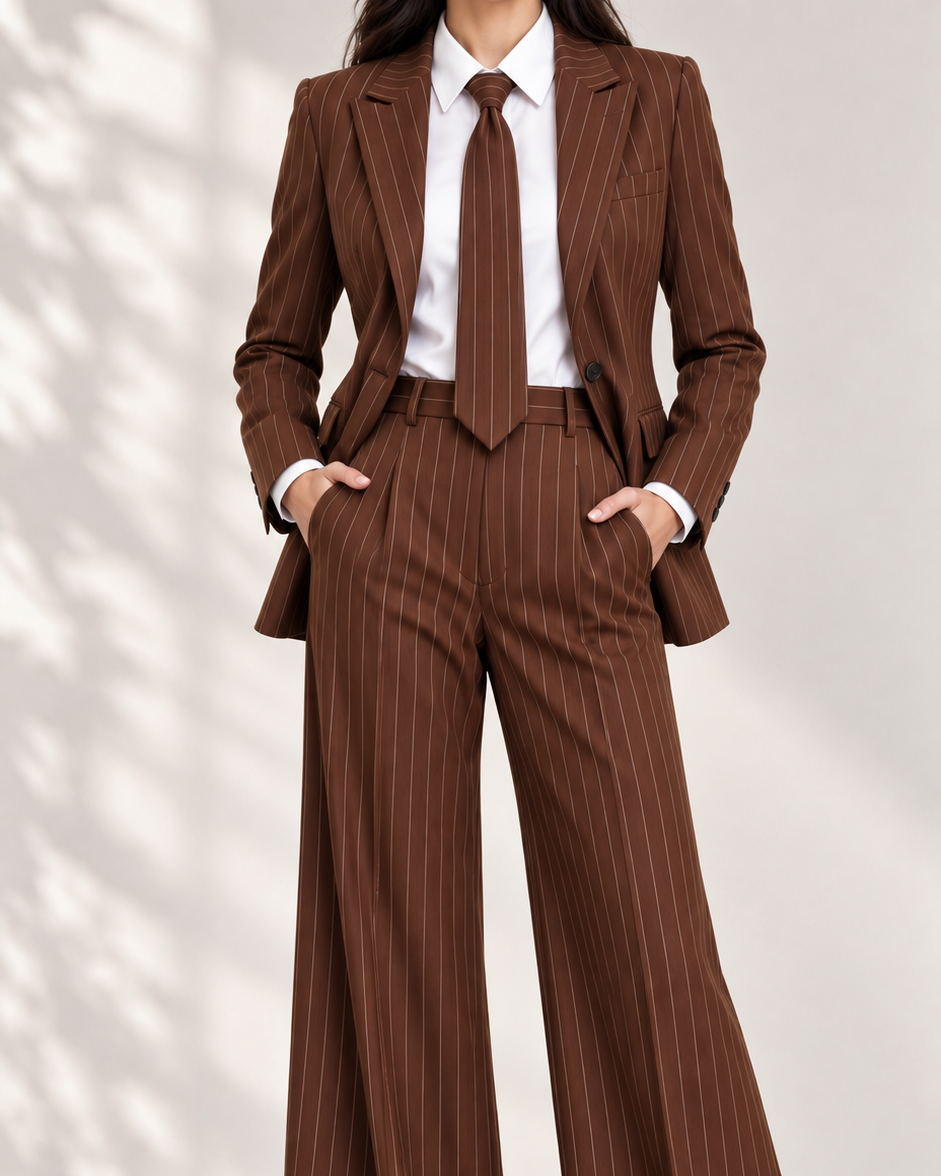 Brown Luxe Pinstripe Suit Set – blazer, matching pinstripe tie and wide-leg trousers, hands in pockets | Beyond Formals
