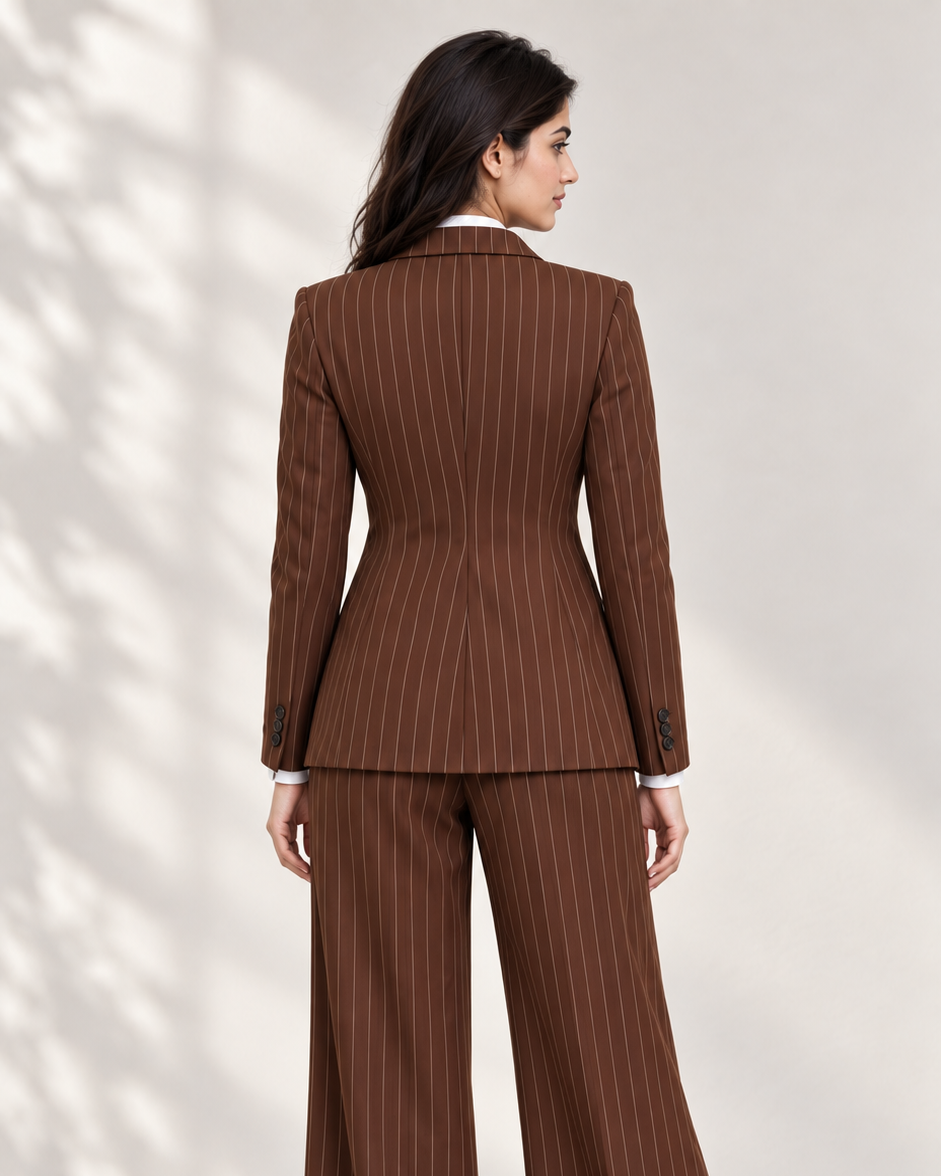 Brown Luxe Pinstripe Two-Piece Suit Set with Tie – back view | Beyond Formals