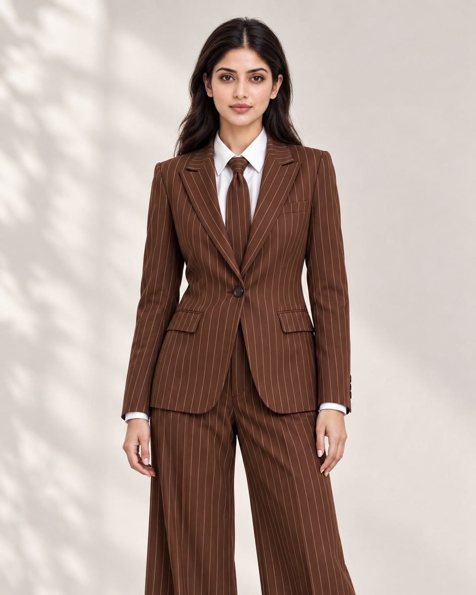 Brown Luxe Pinstripe Two-Piece Suit Set with Tie – front view, single-button blazer and wide-leg trousers | Beyond Formals