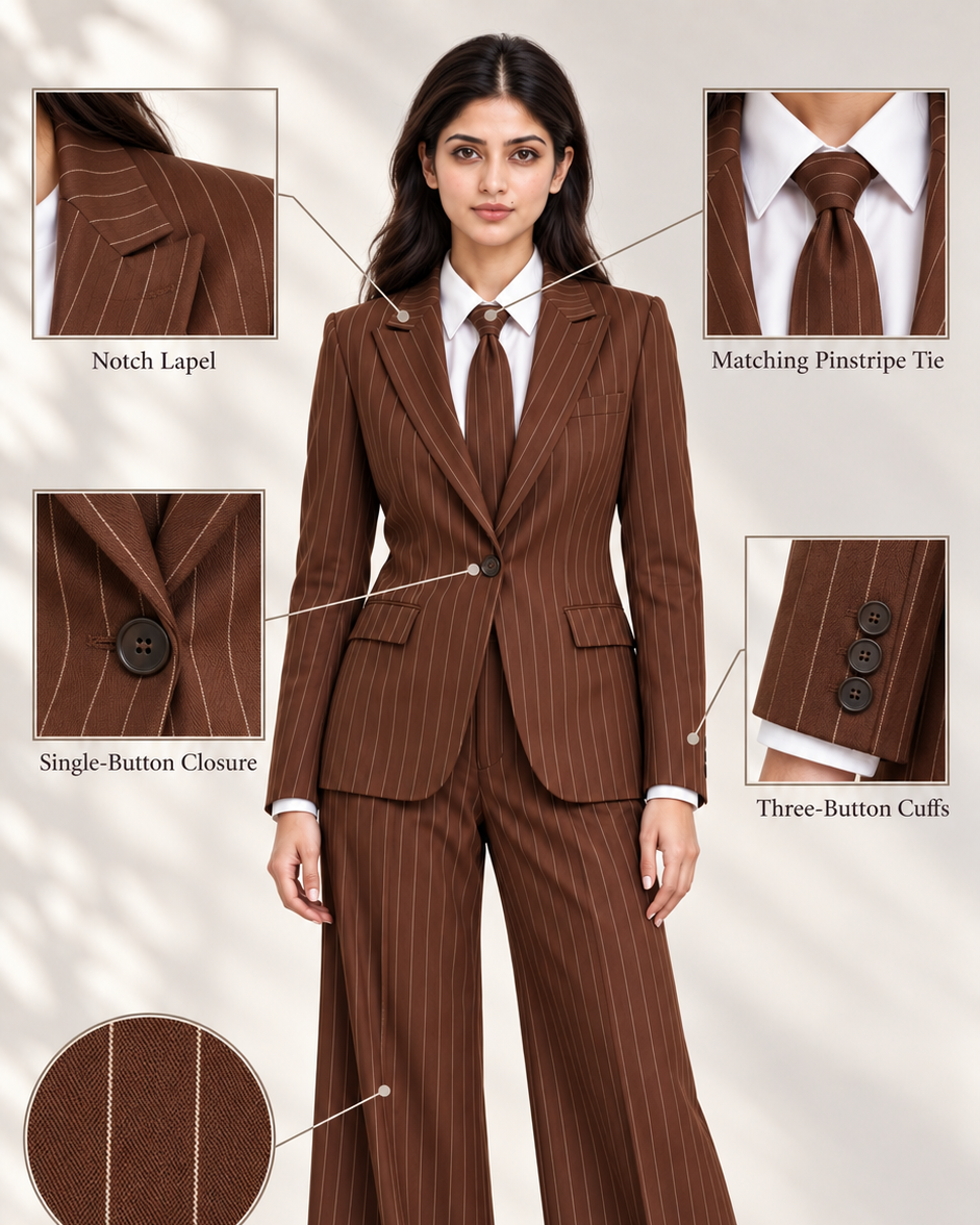Brown Luxe Pinstripe Suit Set – feature details: notch lapel, single button, matching tie, three-button cuffs, cotton blend | Beyond Formals