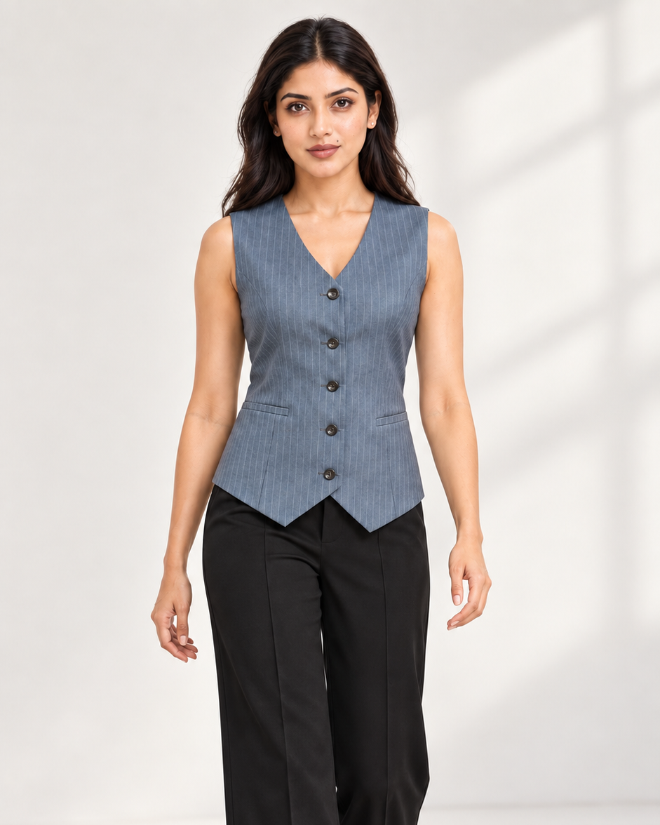 Blue-grey pinstripe single-breasted waistcoat with black trousers – full-length front view | Beyond Formals