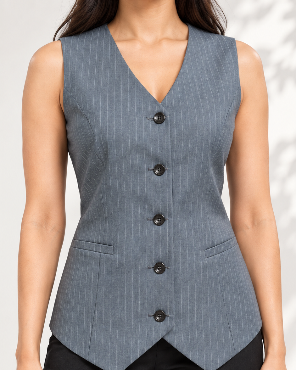 Blue-grey pinstripe V-neck waistcoat with five buttons – front close-up | Beyond Formals