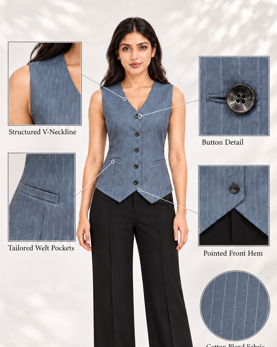 Blue-grey pinstripe waistcoat – detail guide showing V-neckline, buttons, welt pockets, pointed hem and fabric | Beyond Formals