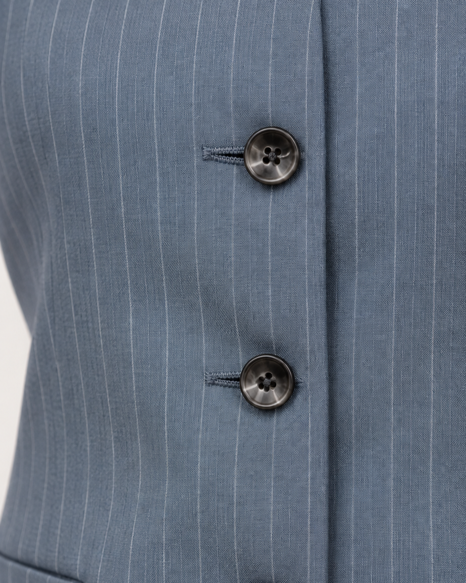 Blue-grey pinstripe waistcoat – close-up of buttons and fabric | Beyond Formals