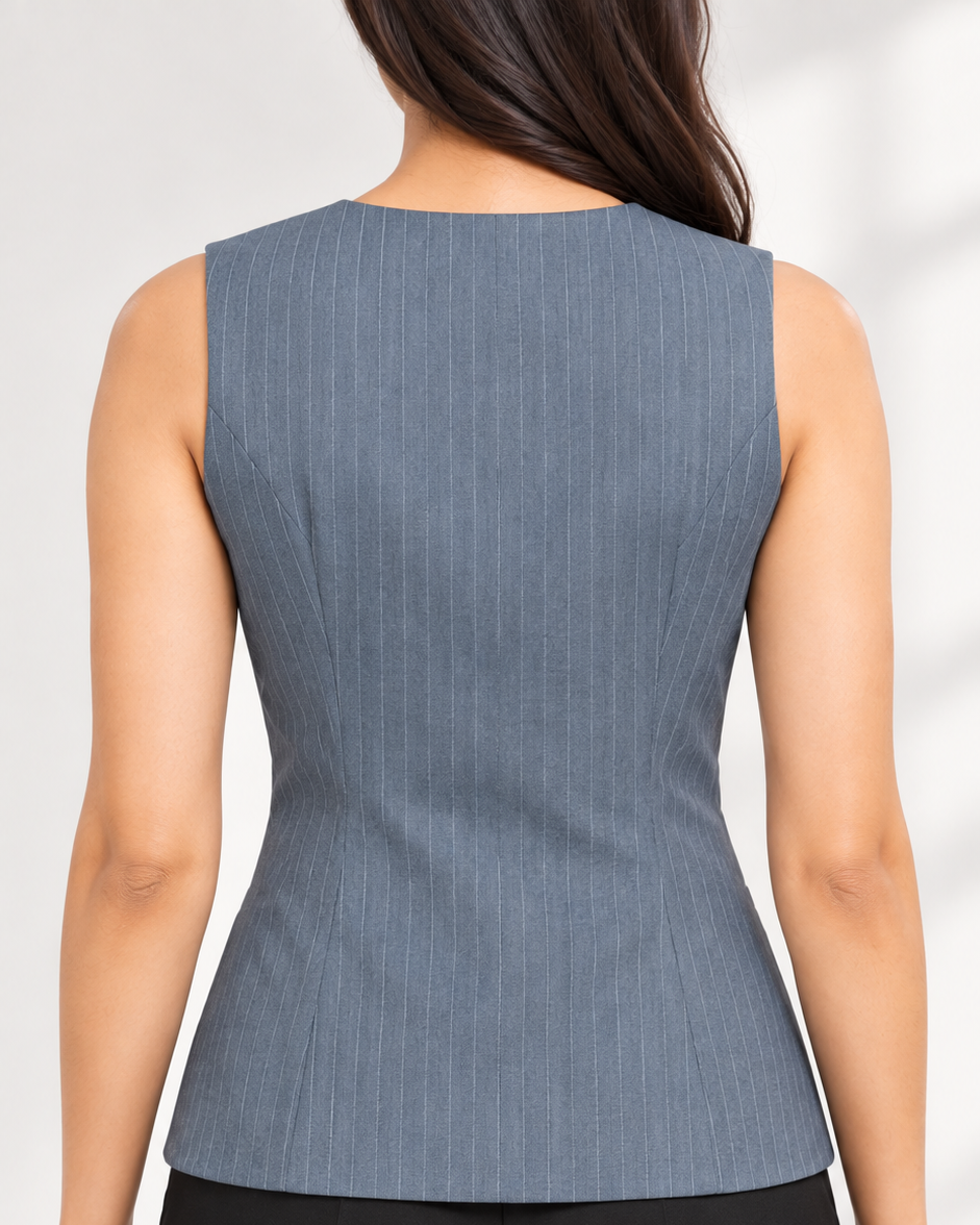 Blue-grey pinstripe waistcoat with black trousers – back view | Beyond Formals